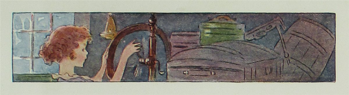 Johnny Gruelle's 1918 illustration of a child beside Raggedy Ann on a bed