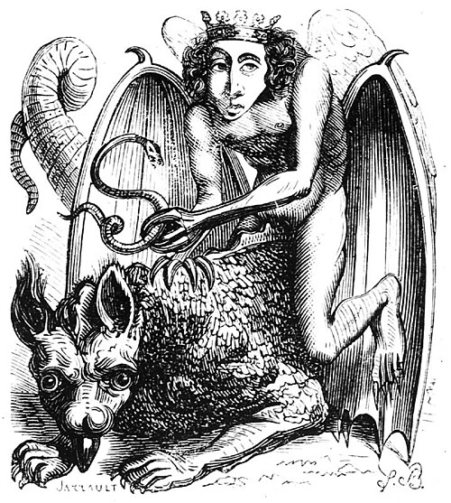 19th-century engraving of Astaroth as a crowned, winged figure riding a dragon-like creature, from Collin de Plancy's Dictionnaire Infernal