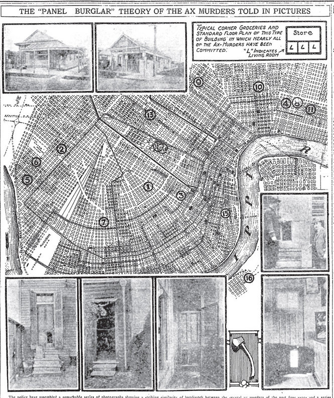 Newspaper illustrated map showing Axeman attack locations across New Orleans, March 1919