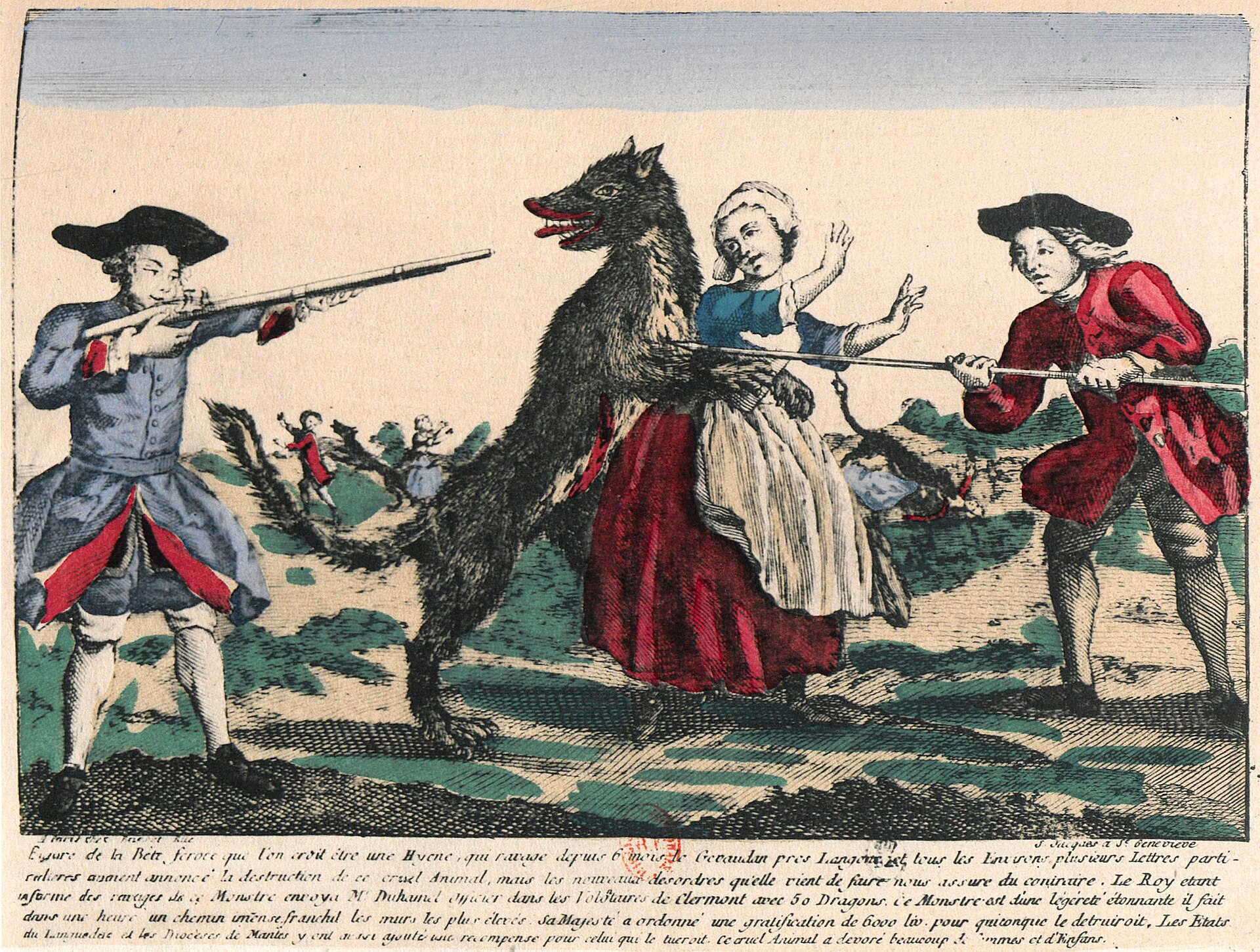 Eighteenth-century-style printed illustration of an attack attributed to the Beast of Gévaudan