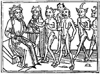 Woodcut illustration of Belial enthroned as a king receiving demonic petitioners, in the style of Jacobus de Theramo's Processus Belial