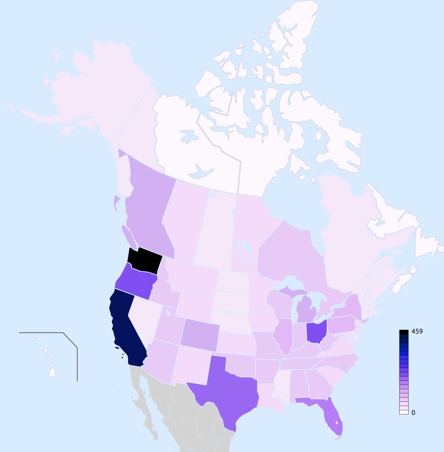 Historical map of reported Bigfoot sightings across the United States and Canada, using BFRO records accessed in April 2009
