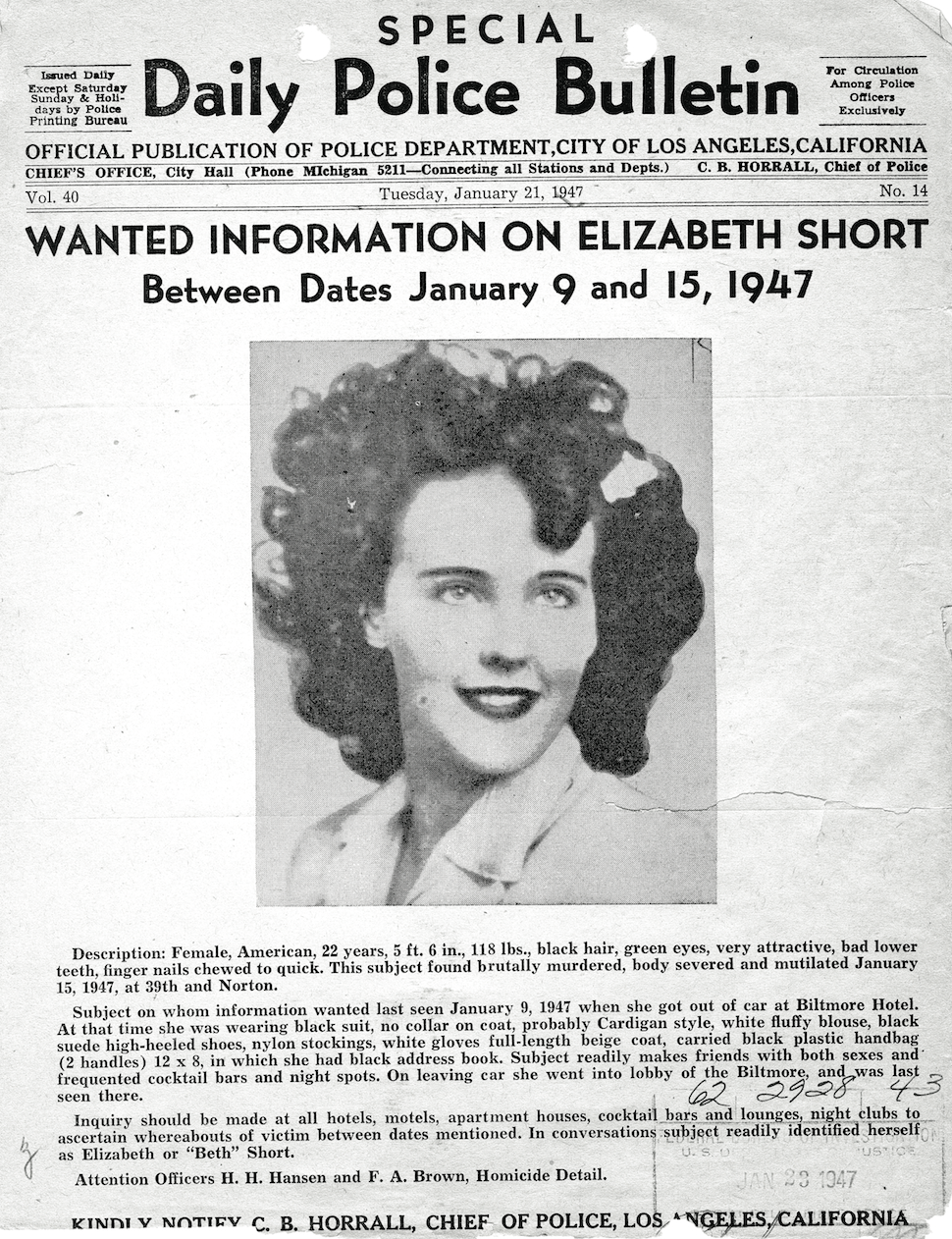 Los Angeles Police Department bulletin used to identify Elizabeth Short