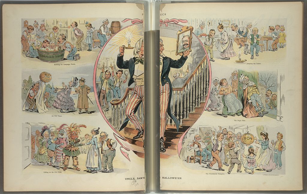 1904 Puck illustration showing a Halloween mirror and staircase fortune-telling ritual