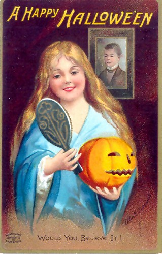 1904 Halloween postcard illustrating mirror divination for fortune-telling