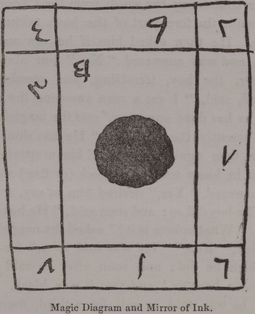 1836 illustration of a magic diagram and mirror of ink used for divination
