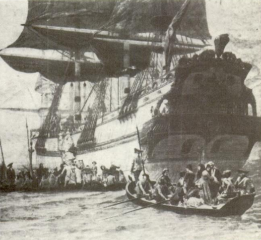 L'embarquement des filles à la cassette, a 19th-century engraving by Charles Édouard Delort depicting the boarding of young French women bound for the Louisiana colony