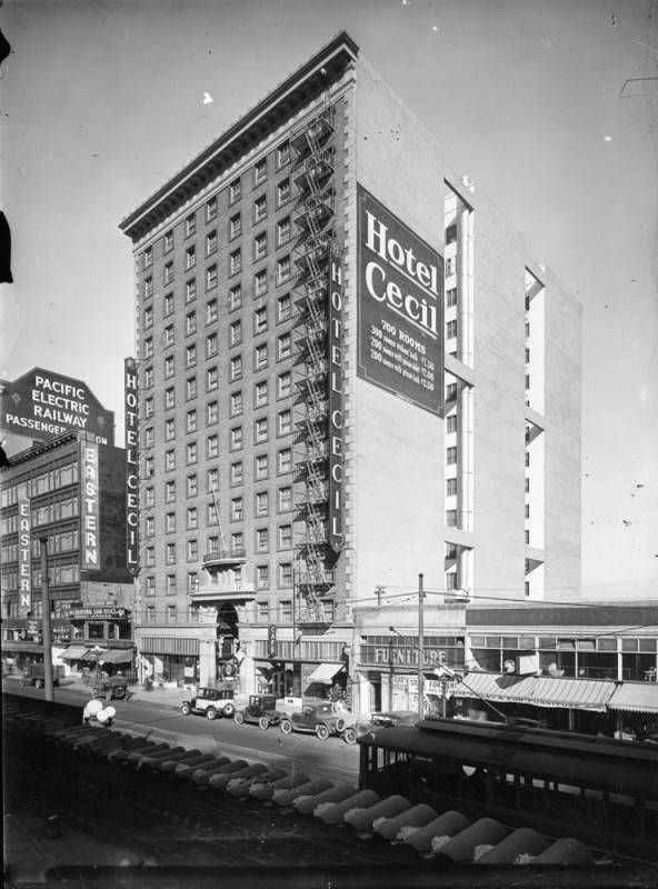 Historic photograph of the Hotel Cecil in downtown Los Angeles, shortly after it opened