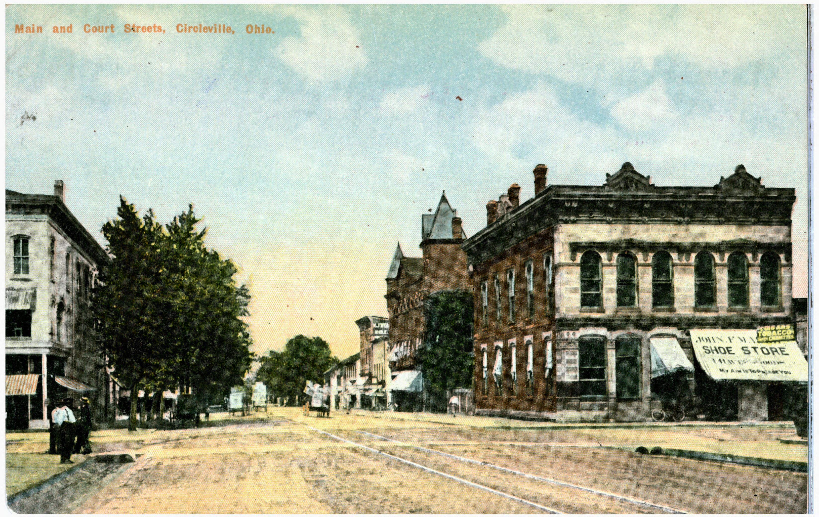 Historic postcard view of Main and Court Street in Circleville, Ohio