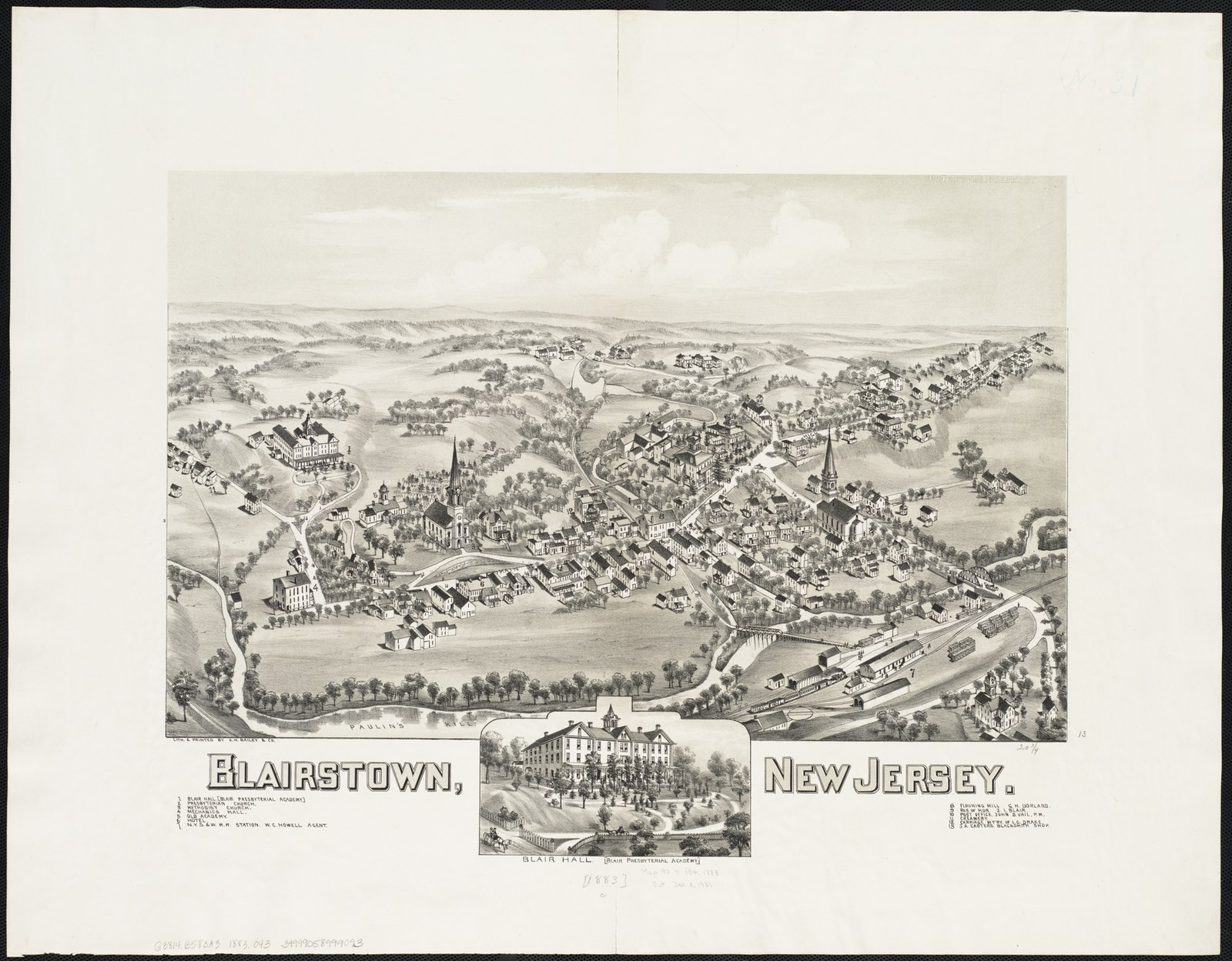 An 1883 bird’s-eye map of Blairstown, New Jersey, the real community associated with filming of Friday the 13th and Crystal Lake