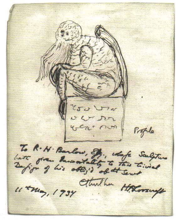 H. P. Lovecraft's own 1934 pen sketch of Cthulhu, sent in a letter to R. H. Barlow