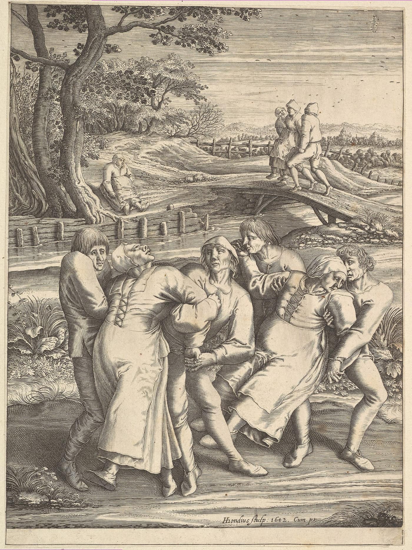 1642 engraving by Hendrick Hondius after Pieter Bruegel the Elder, depicting pilgrims afflicted by dancing mania walking toward the church at Molenbeeck