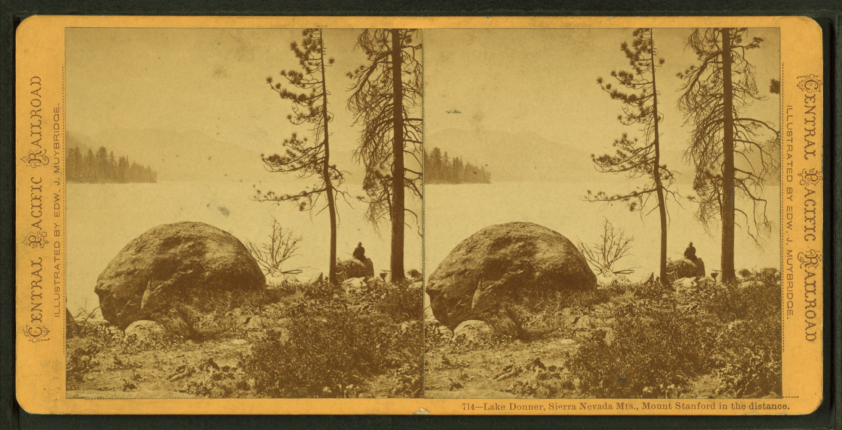 Stereograph photograph of Lake Donner in the Sierra Nevada Mountains, with Mount Stanford in the distance, by Eadweard Muybridge