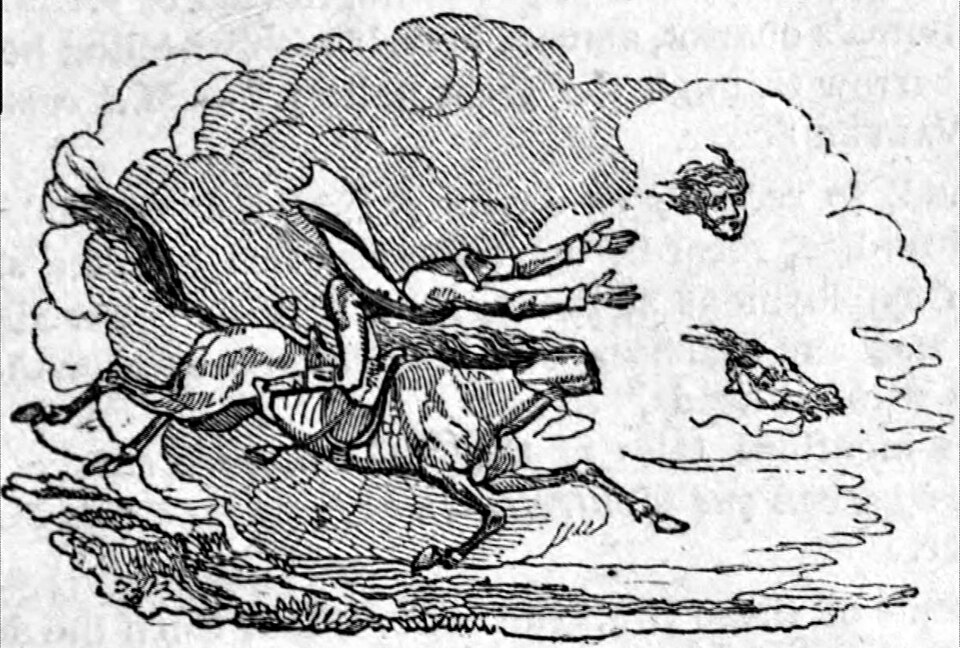 19th-century engraving of a headless rider galloping on horseback, his head flying ahead of him through the clouds, from Croker's Fairy Legends
