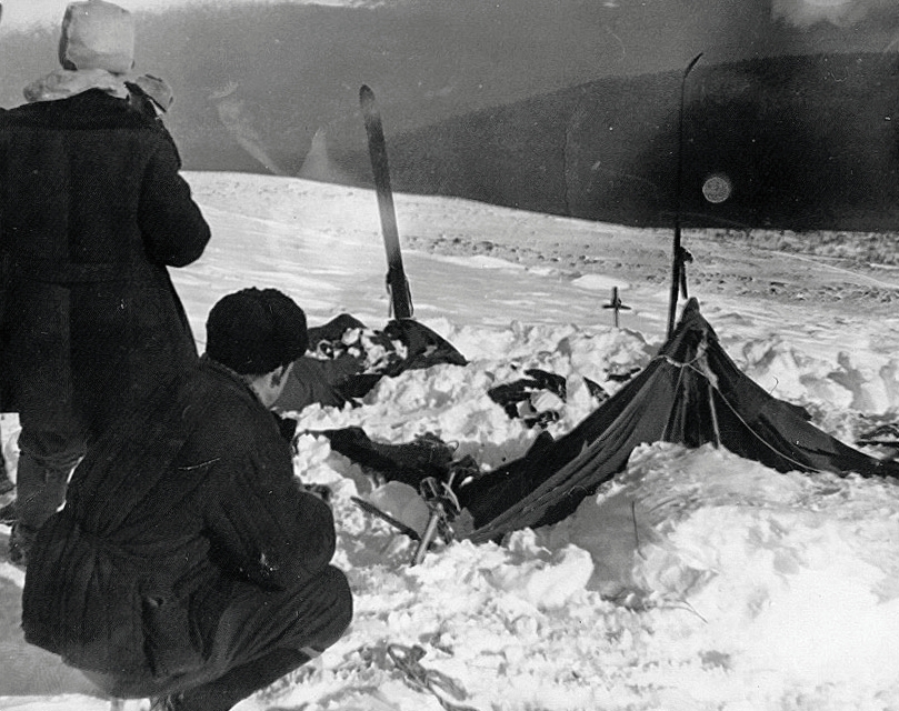 The Dyatlov group tent as rescuers found it on the snowy slope in February 1959.