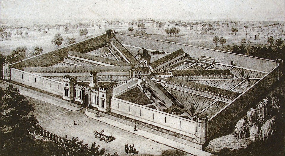 19th-century engraving showing an aerial view of Eastern State Penitentiary's radiating cellblock design