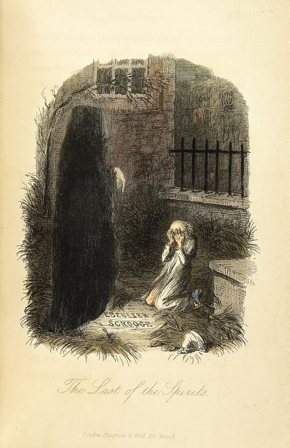 John Leech's 1843 first-edition illustration of Scrooge kneeling before the shrouded Ghost of Christmas Yet to Come