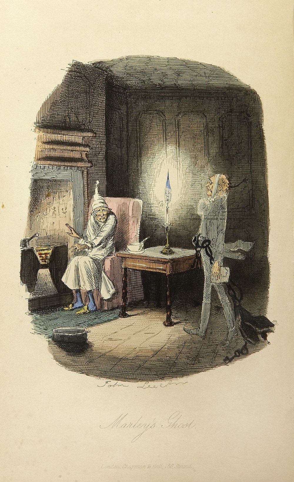 John Leech's 1843 first-edition illustration of Jacob Marley's ghost appearing to Ebenezer Scrooge