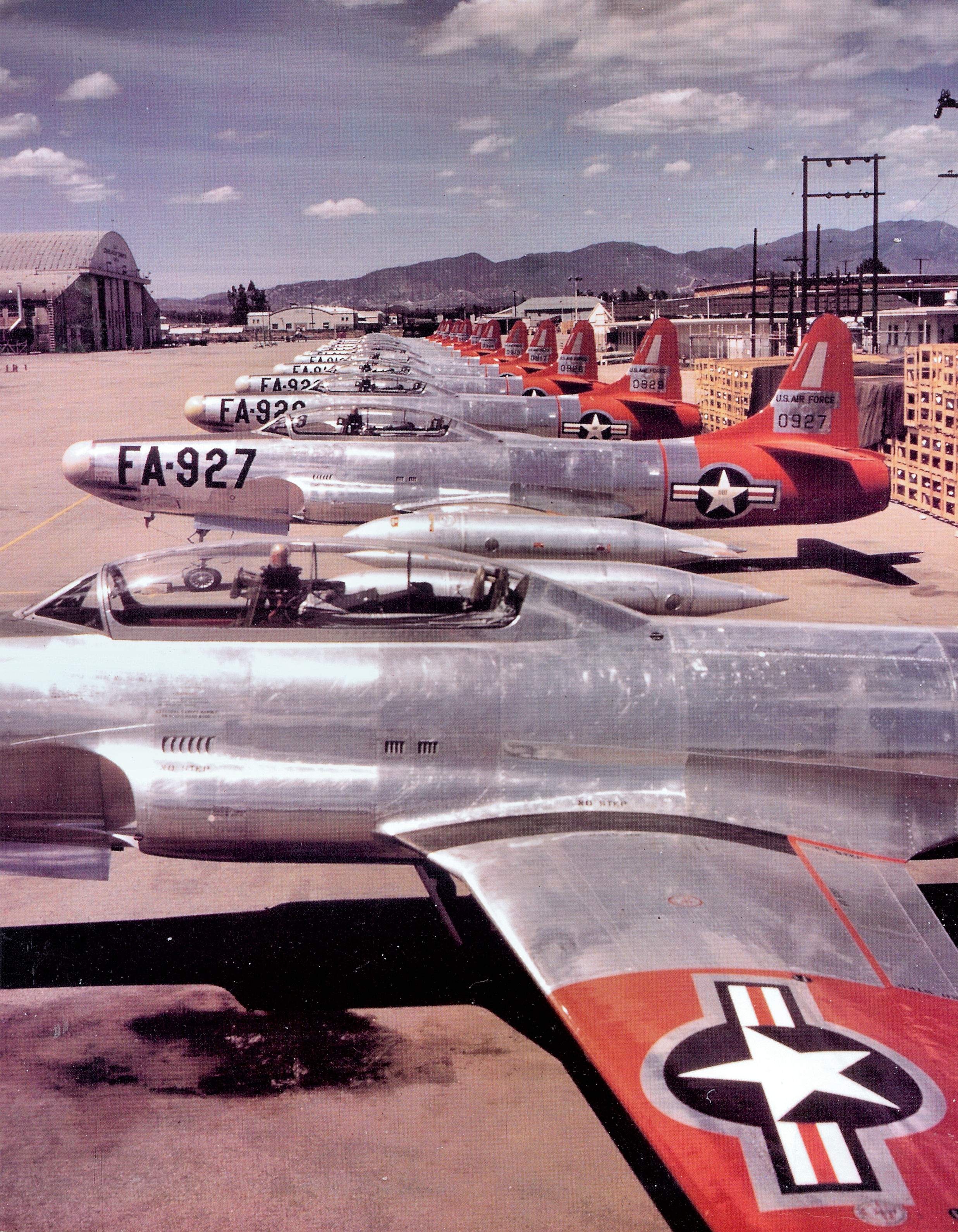A row of U.S. Air Force F-94 Starfire interceptor jets, the type scrambled over Washington, D.C. during the 1952 UFO wave