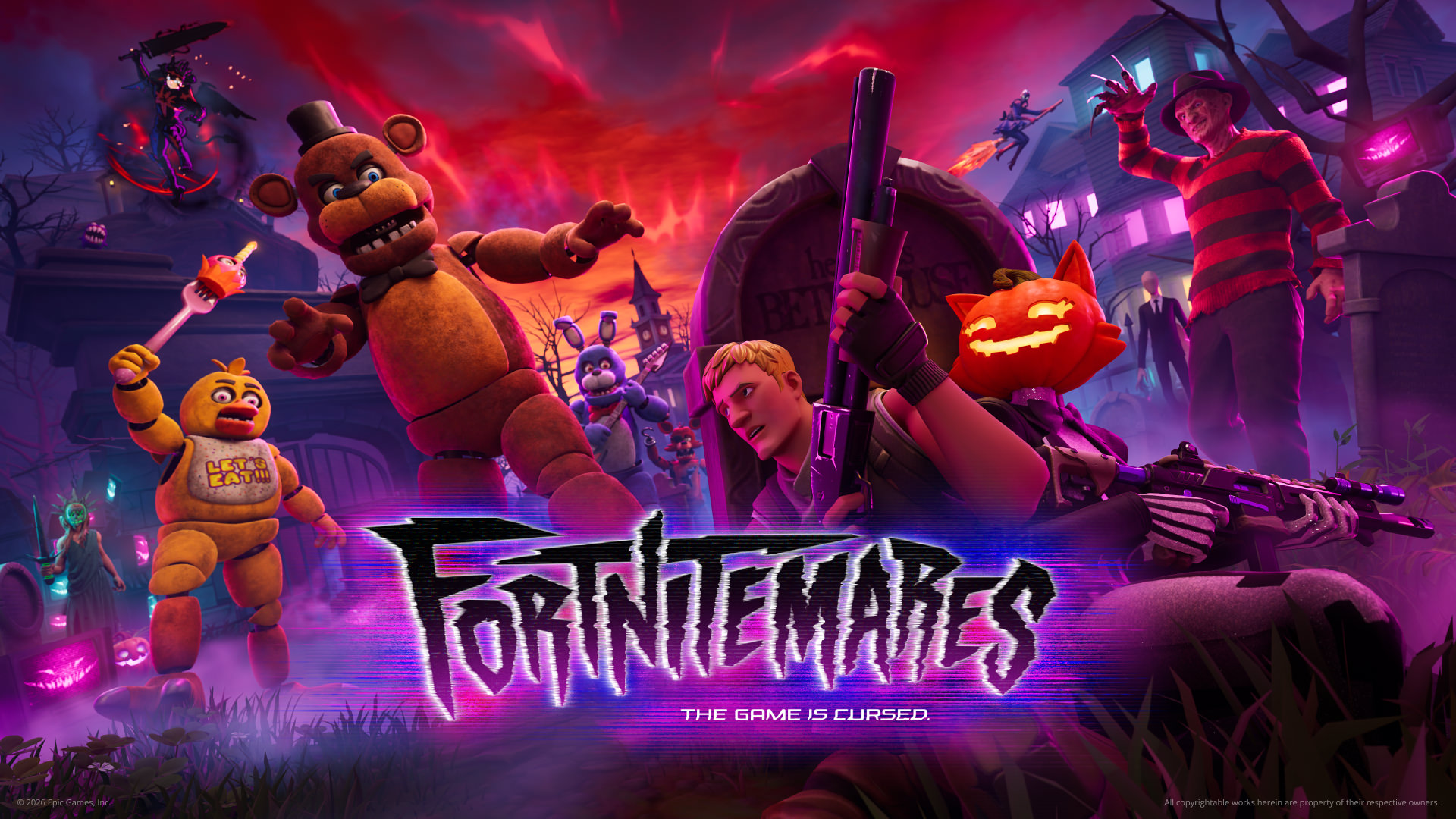 Epic Games' official Fortnitemares 2026 key art showing Freddy Krueger, Slender Man, Five Nights at Freddy's characters and other crossover figures