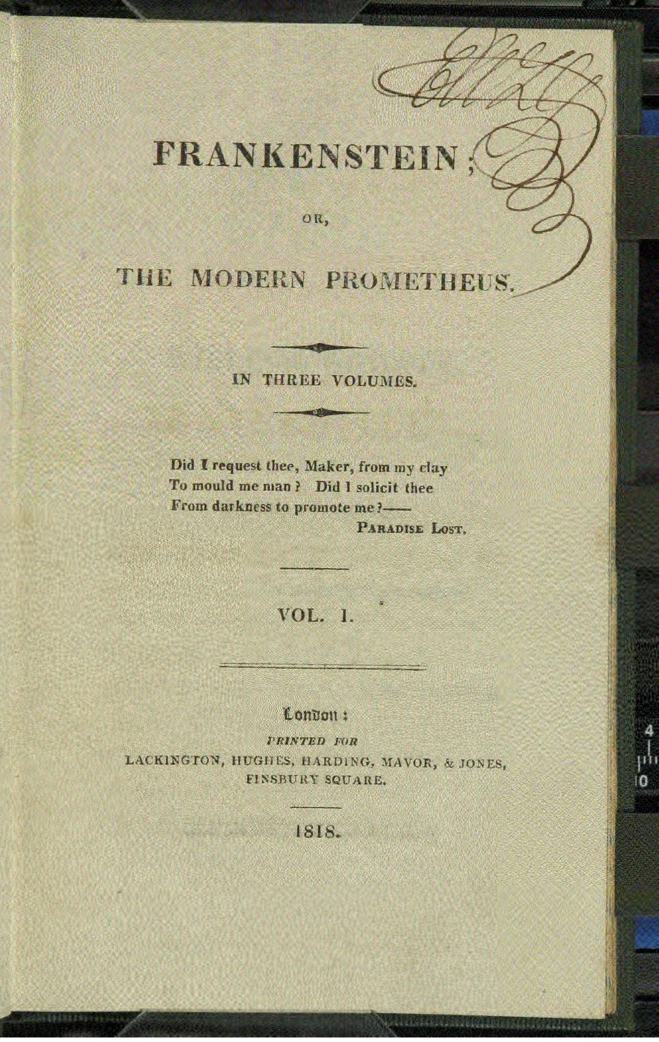 Title page of the anonymously published 1818 first edition of Frankenstein, with an epigraph from Paradise Lost