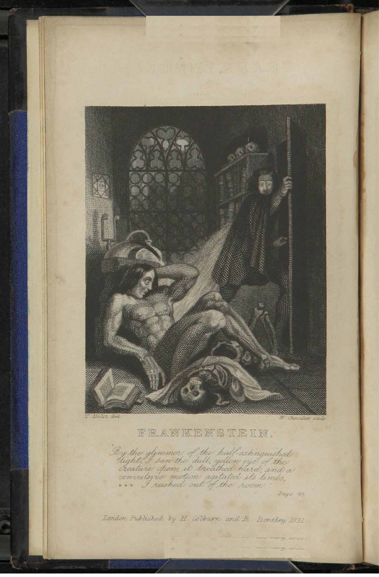 Theodor von Holst's 1831 frontispiece to Frankenstein, showing Victor Frankenstein fleeing as the creature opens its eyes