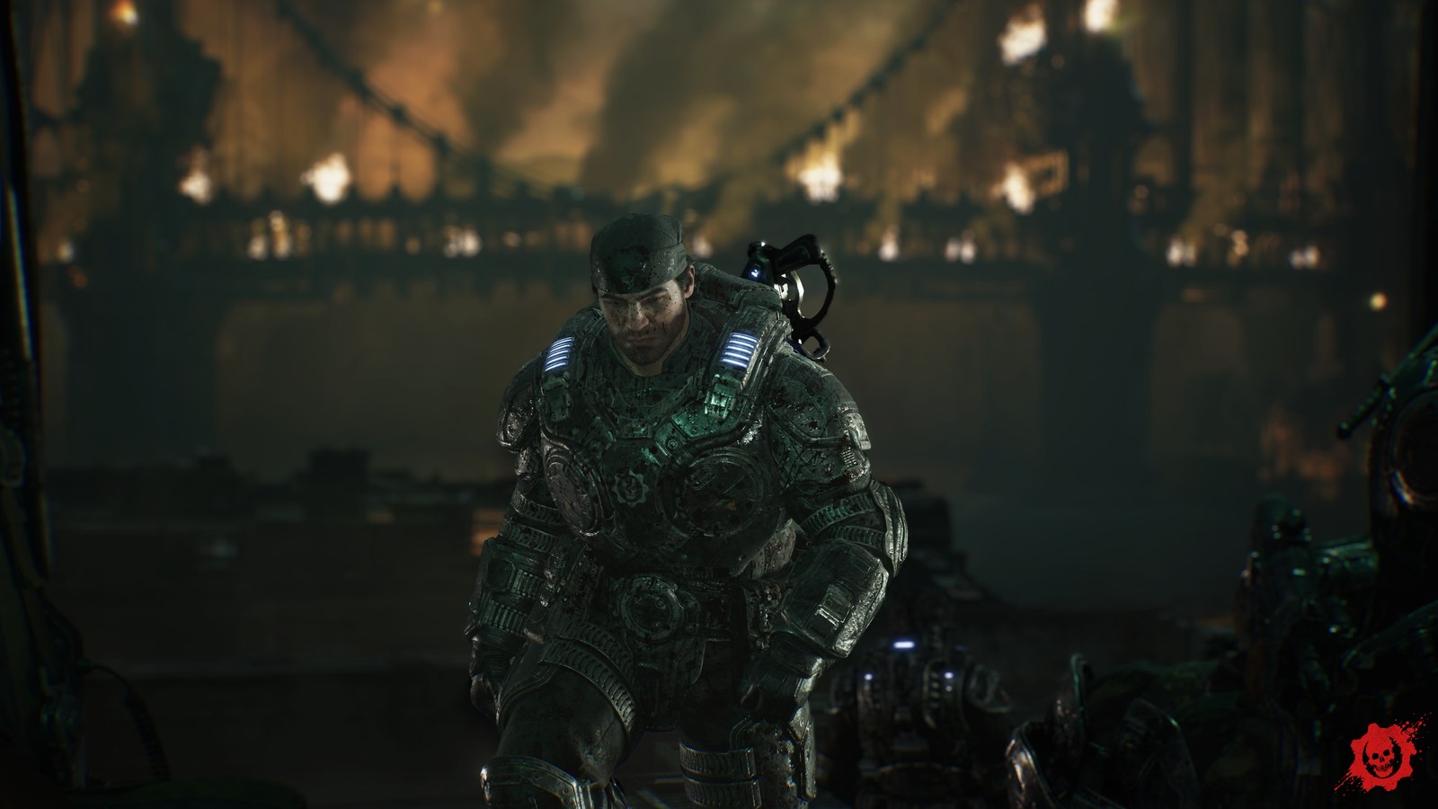Marcus Fenix in Gears of War: E-Day, standing in a dark war-torn environment