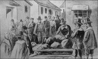 19th-century illustration of the pressing of Giles Corey, September 1692