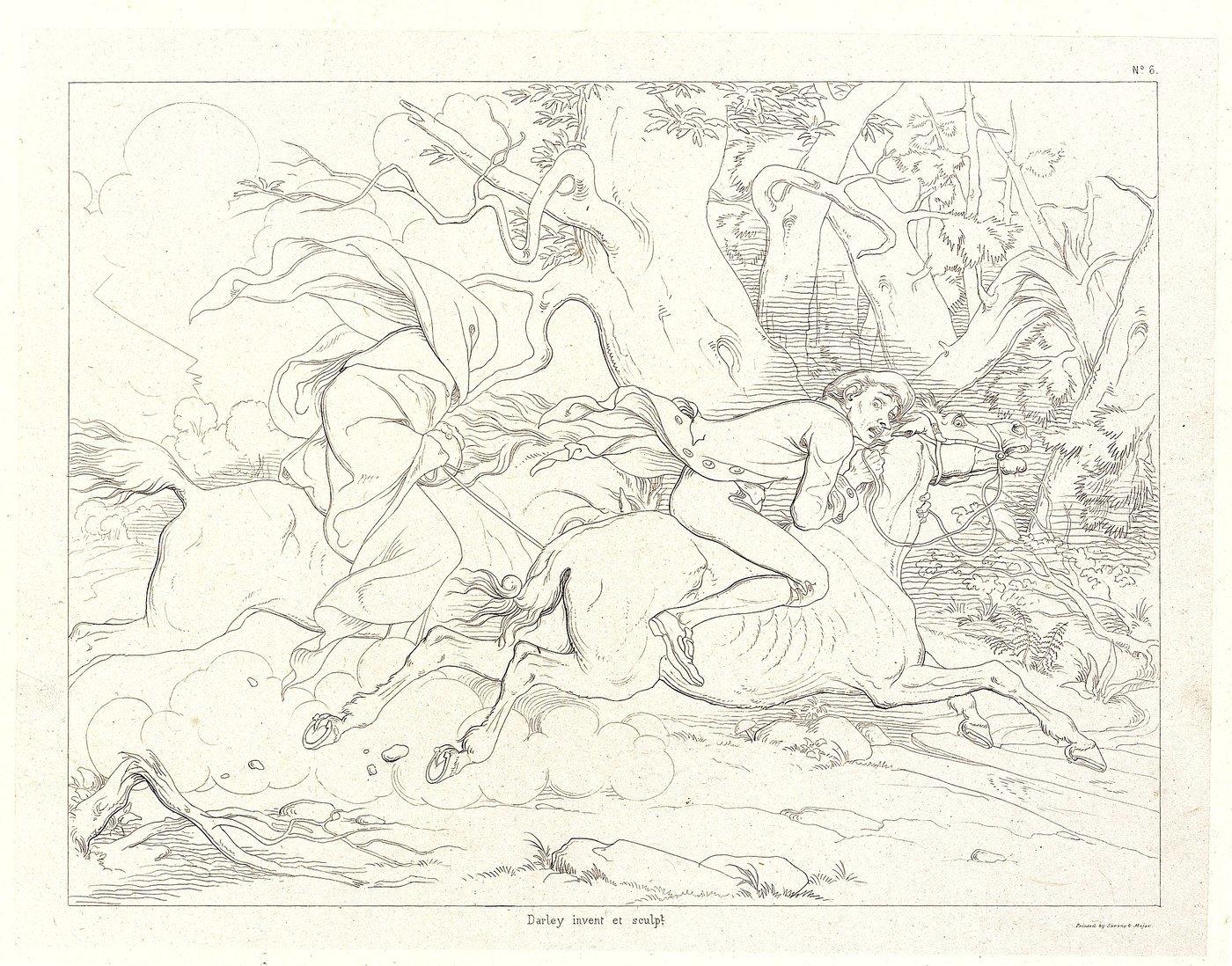 F. O. C. Darley's 1849 etching of the Headless Horseman chasing Ichabod Crane through the woods