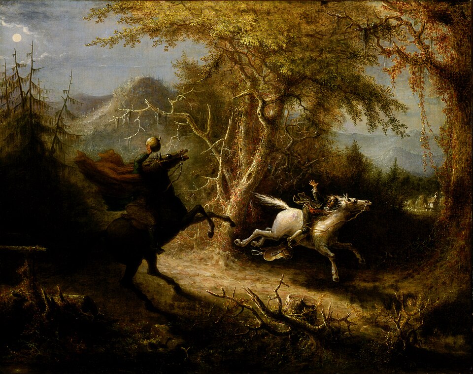 John Quidor's 1858 painting The Headless Horseman Pursuing Ichabod Crane, showing a moonlit chase through the woods