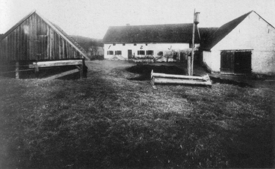 Cropped historic view of the Hinterkaifeck farm buildings in Bavaria