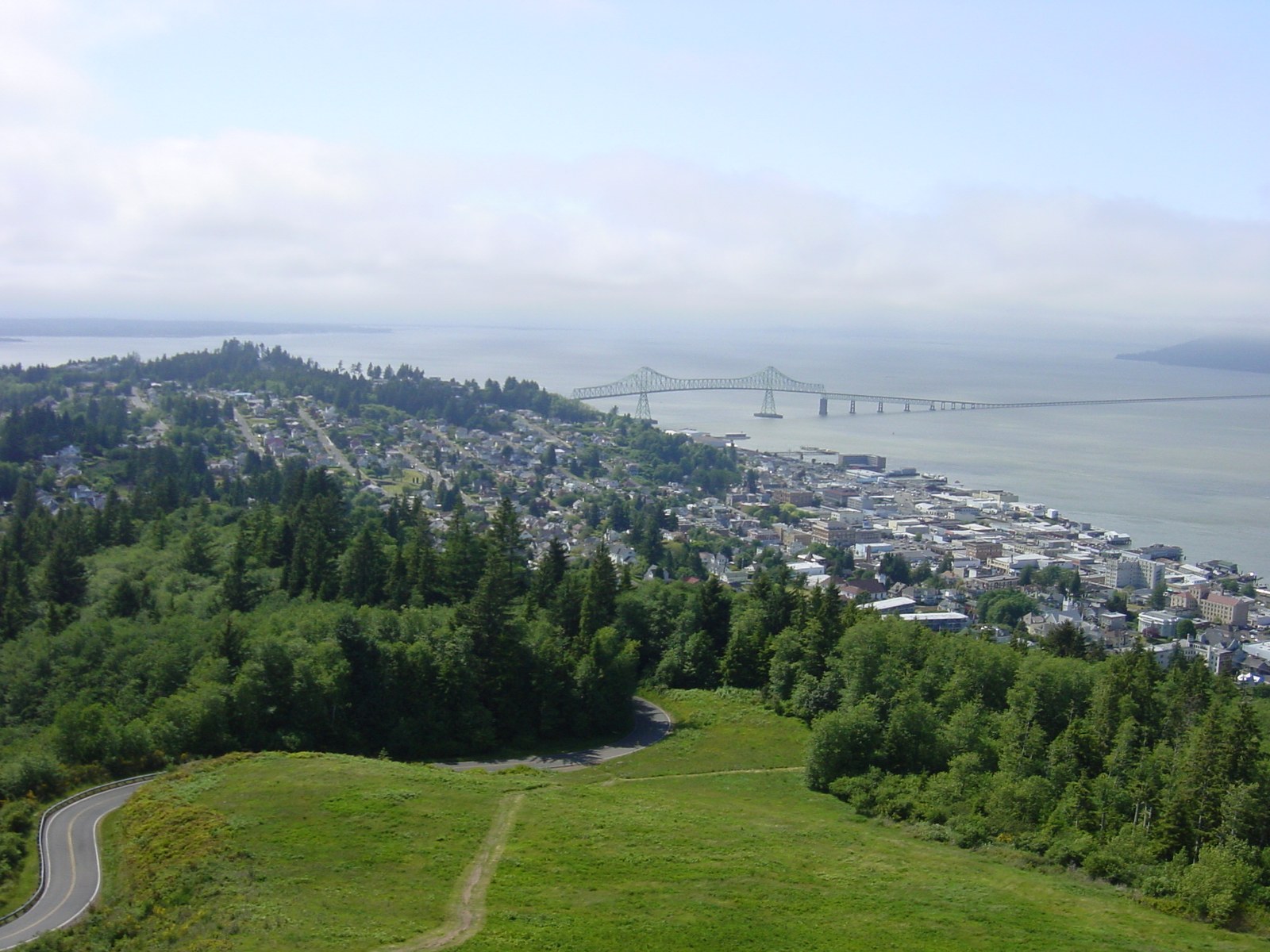 Central Astoria, Oregon and the Astoria–Megler Bridge at the mouth of the Columbia River, photographed in 2002