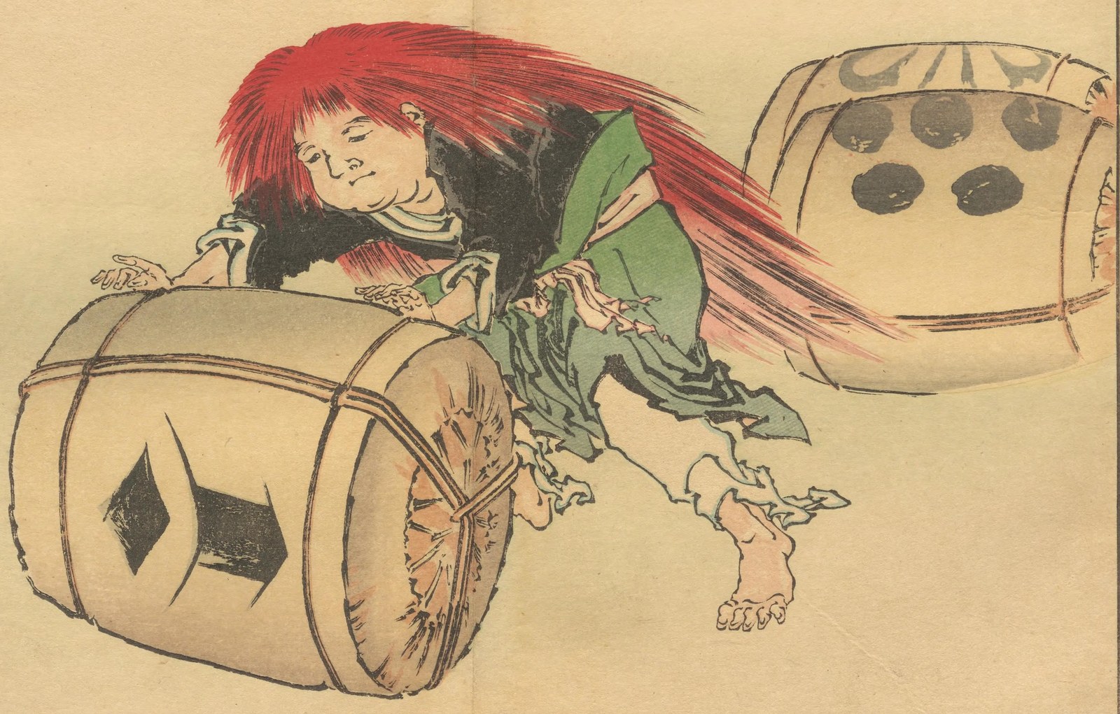 A historical Japanese illustration of a Shōjō rolling a sake barrel, copied by Ichikawa Kansai after Katsushika Hokusai and published in 1890