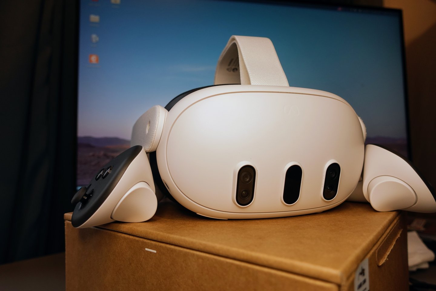 Front view of a Meta Quest 3 virtual-reality headset, shown as an example of headset hardware; not an official image from I Let You In