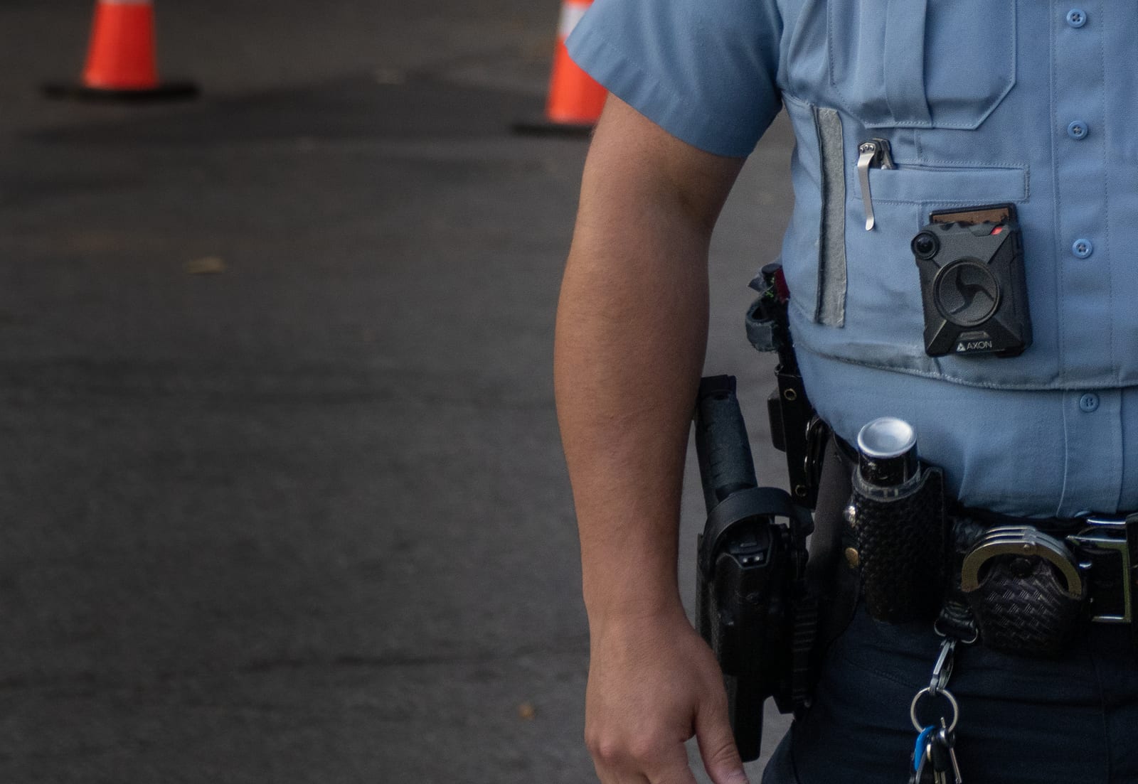 An Axon body camera clipped to a Minneapolis police officer’s uniform