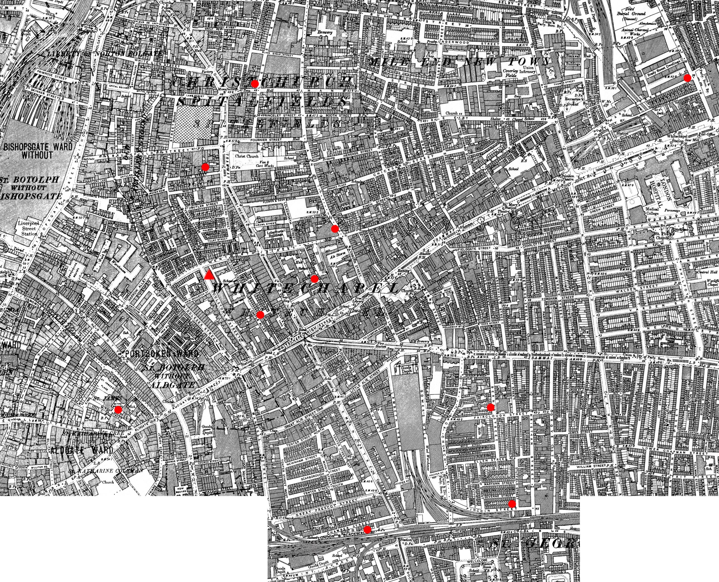1894 map of Whitechapel annotated with Whitechapel murder sites and the Goulston Street clue