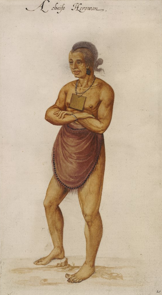 A chiefe Herowan, John White's circa-1585 watercolor of an Algonquian weroance (chief), generally presumed to depict the Secotan leader Wingina