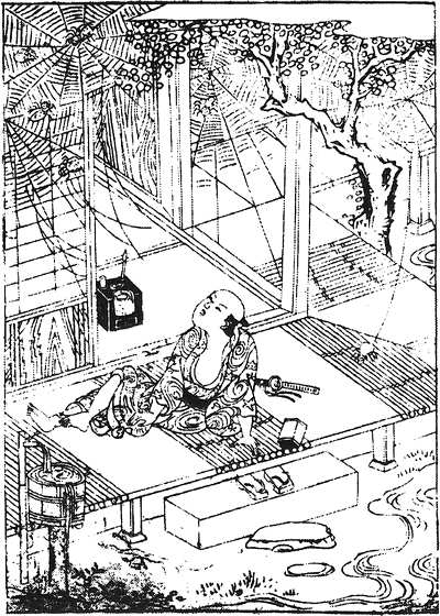 Historical Japanese print titled Taihei Hyakumonogatari showing Jorogumo's webs surrounding a seated samurai on a veranda
