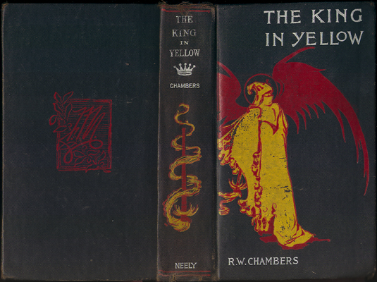 The 1895 first-edition cover of The King in Yellow by Robert W. Chambers, showing front, spine and back binding