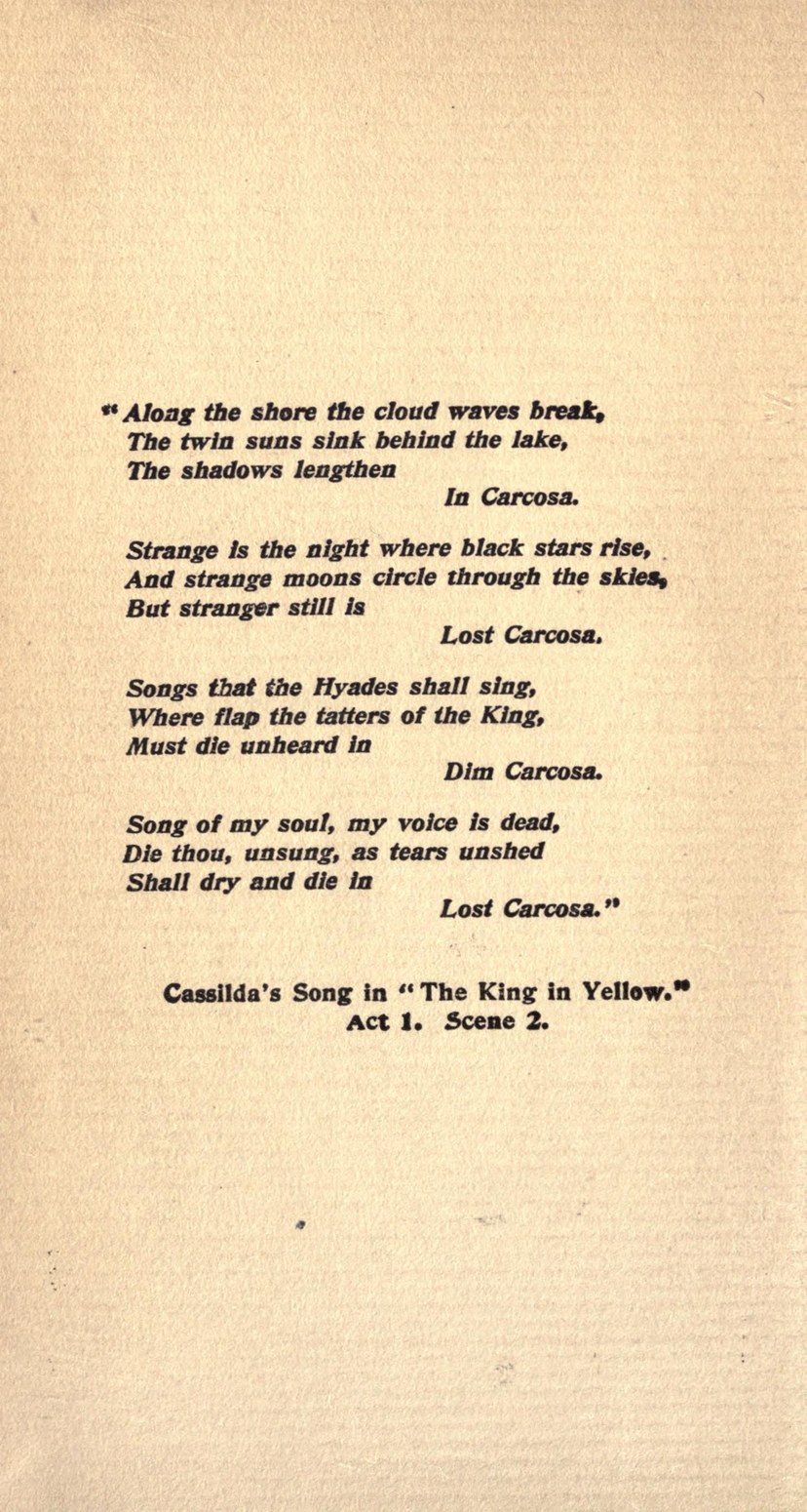 Page from the 1895 first edition of The King in Yellow reproducing Cassilda's Song from Act 1, Scene 2 of the fictional play