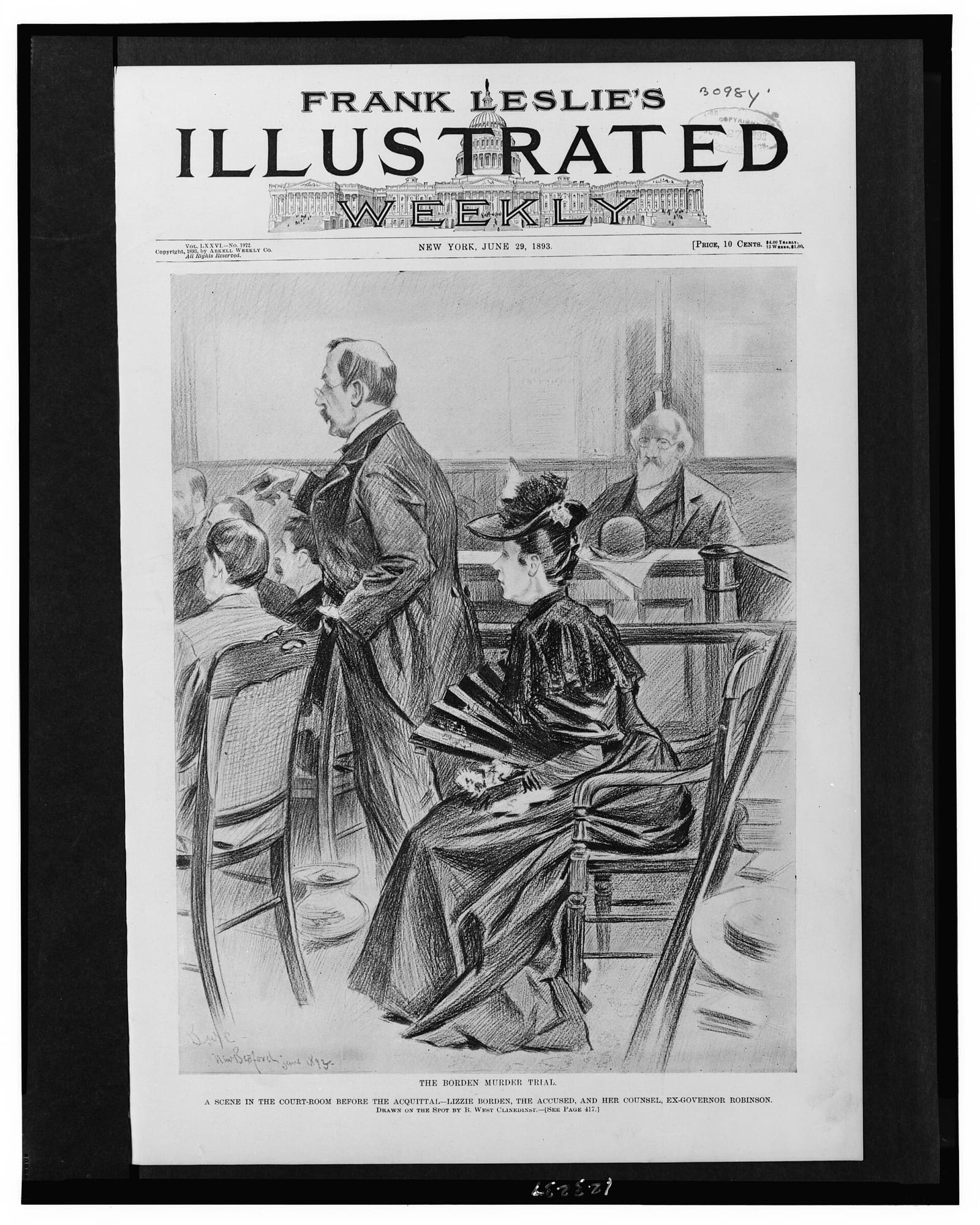 1893 courtroom sketch of Lizzie Borden's trial, showing Borden and her defense counsel, former Governor George Robinson