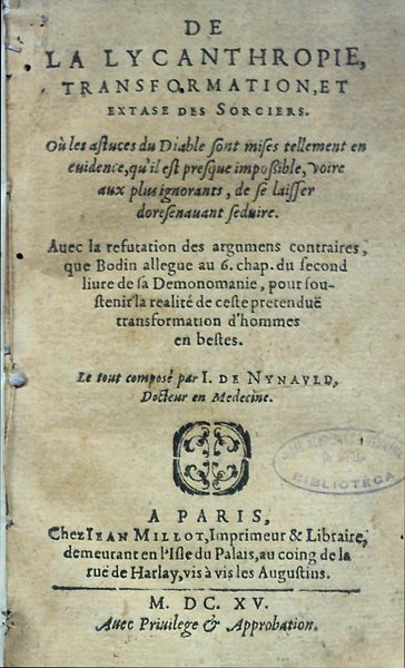Title page of Jean de Nynauld's 1615 book on lycanthropy and witchcraft