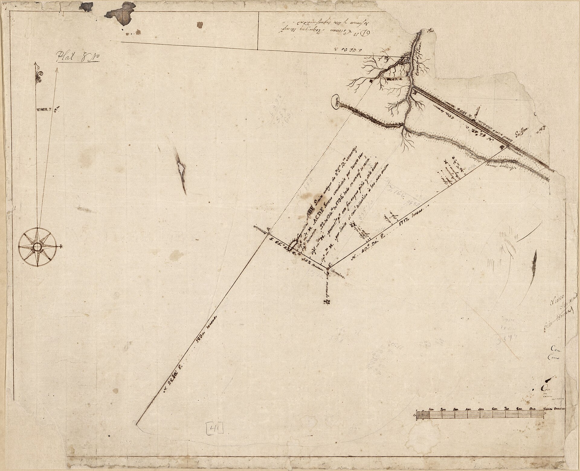 1795 Spanish-language manuscript survey showing a portion of Bayou St. John near New Orleans