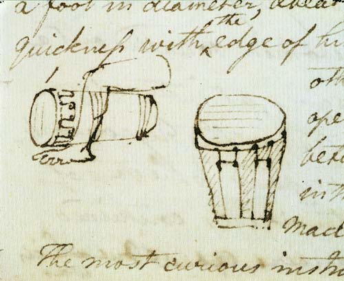 Benjamin Henry Latrobe's 1819 notebook sketch of drums he observed at Congo Square in New Orleans