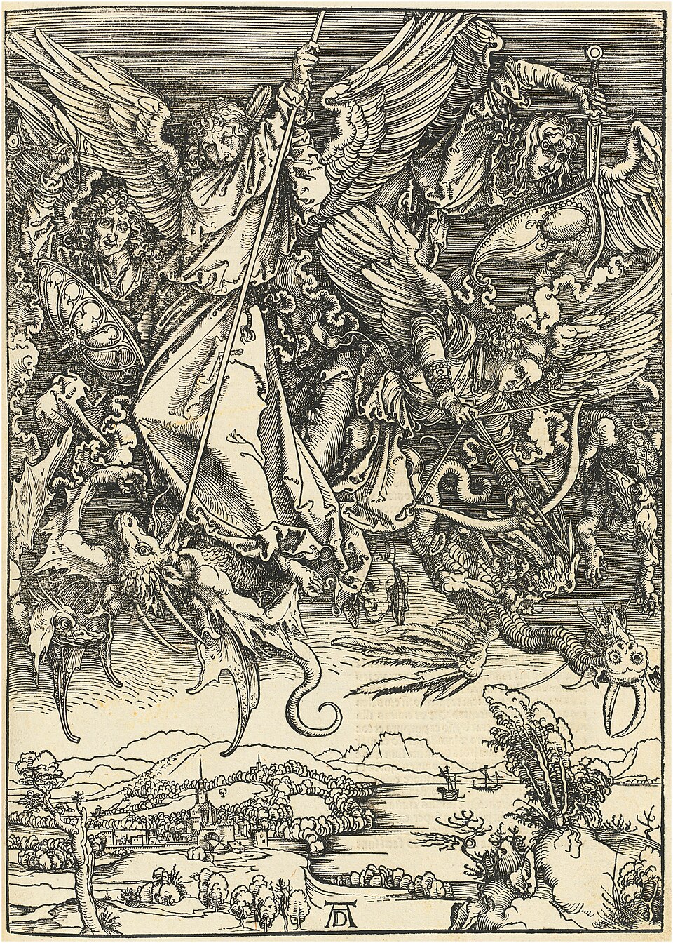 Albrecht Dürer's woodcut showing Saint Michael and angels fighting a dragon