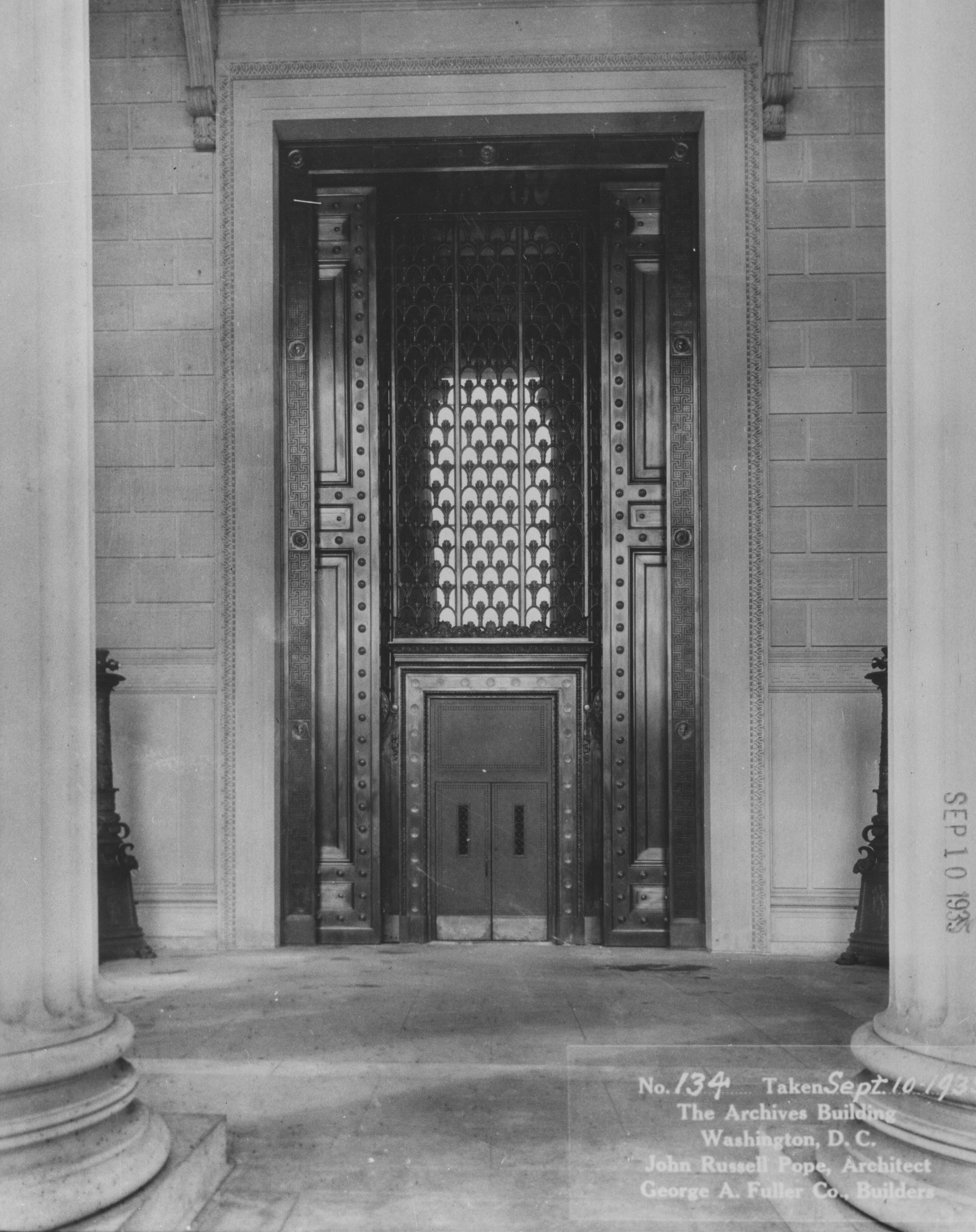 The Constitution Avenue entrance to the National Archives Building in Washington, D.C., photographed during construction in 1935