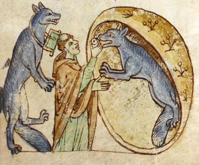 Medieval manuscript illustration depicting a priest with two wolf figures, illustrating Gerald of Wales's Werewolves of Ossory story