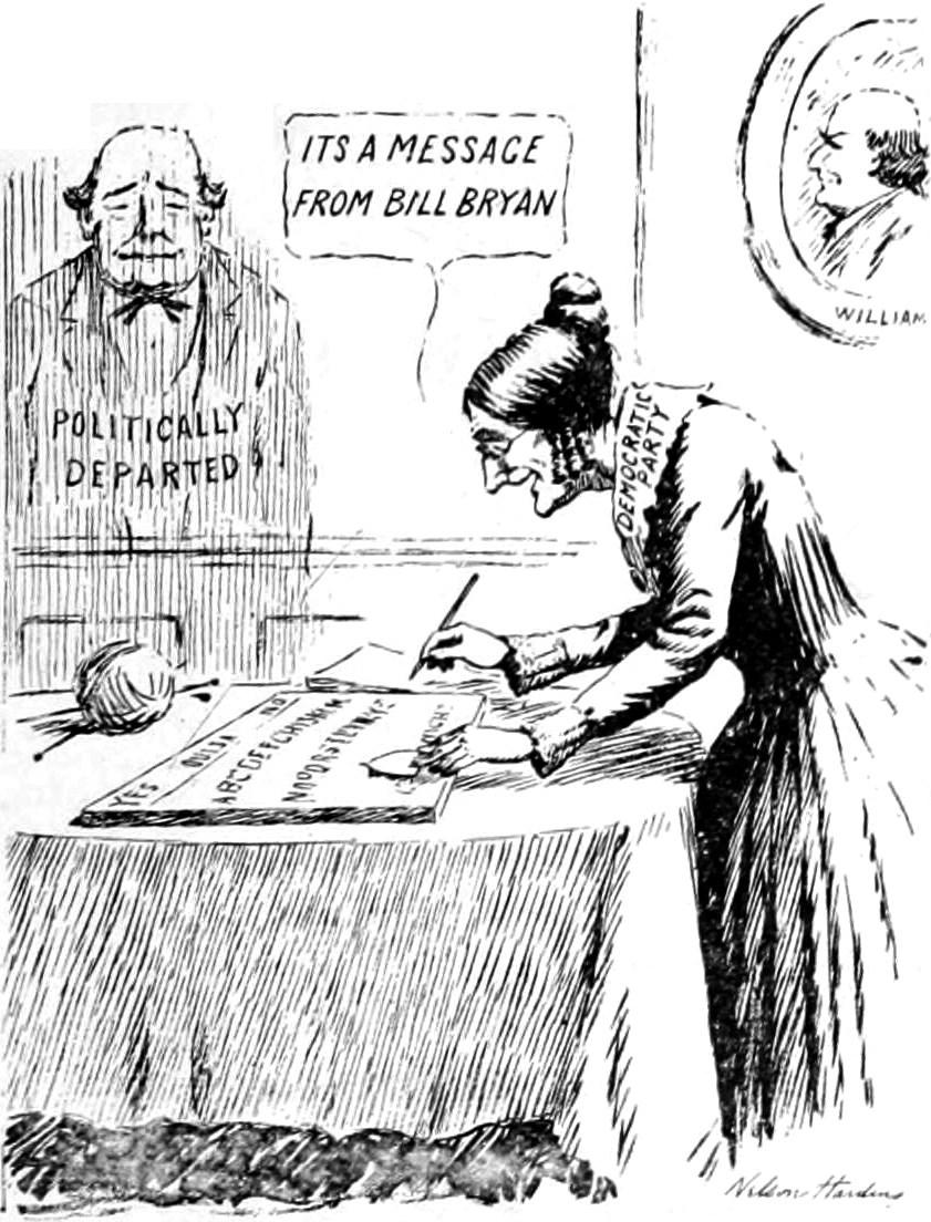 Historical cartoon showing people using a Ouija board