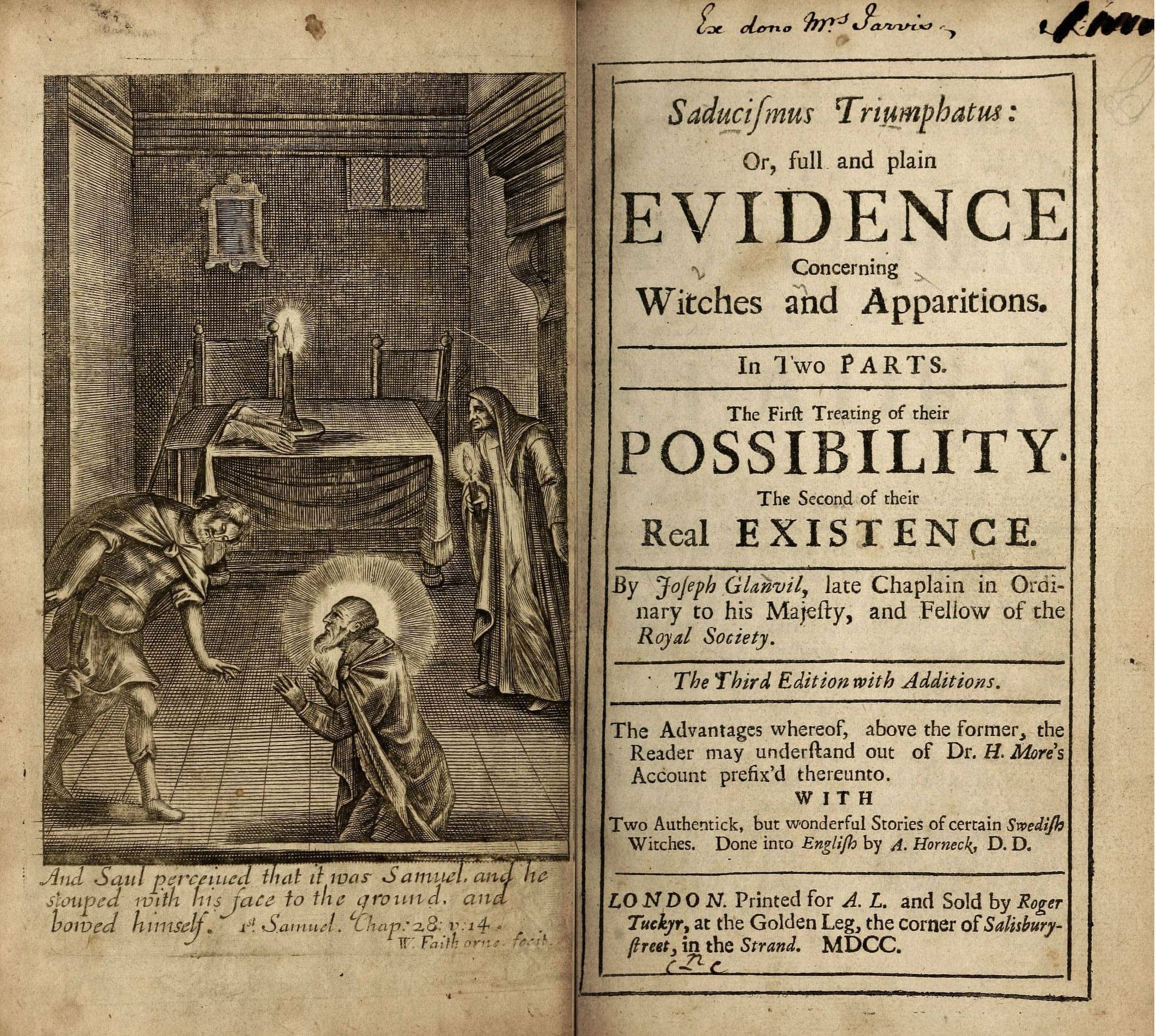 Title page of Joseph Glanvill's 1681 book Saducismus Triumphatus, which documented the Drummer of Tedworth poltergeist case