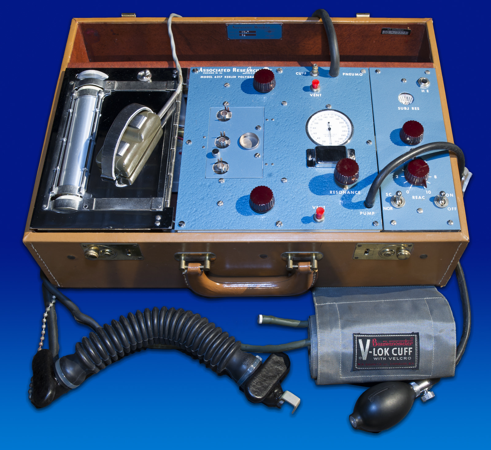 A vintage Keeler-model polygraph machine of the type used for lie detector examinations in the 1960s and 1970s